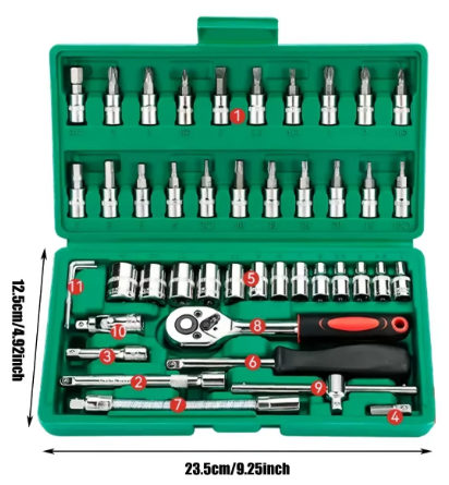 46-Piece Mechanics Tool Set — Metric & Imperial Sockets with Ratchet Wrench