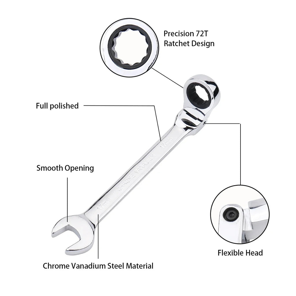 72-Tooth Ratchet Spanner — Flexible Head Wrench, 6–27mm Mirror Finish